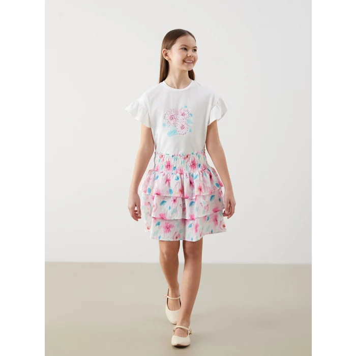 LCW Kids Ekru Bisiklet Yaka Taş Baskılı Kız Çocuk Tişört