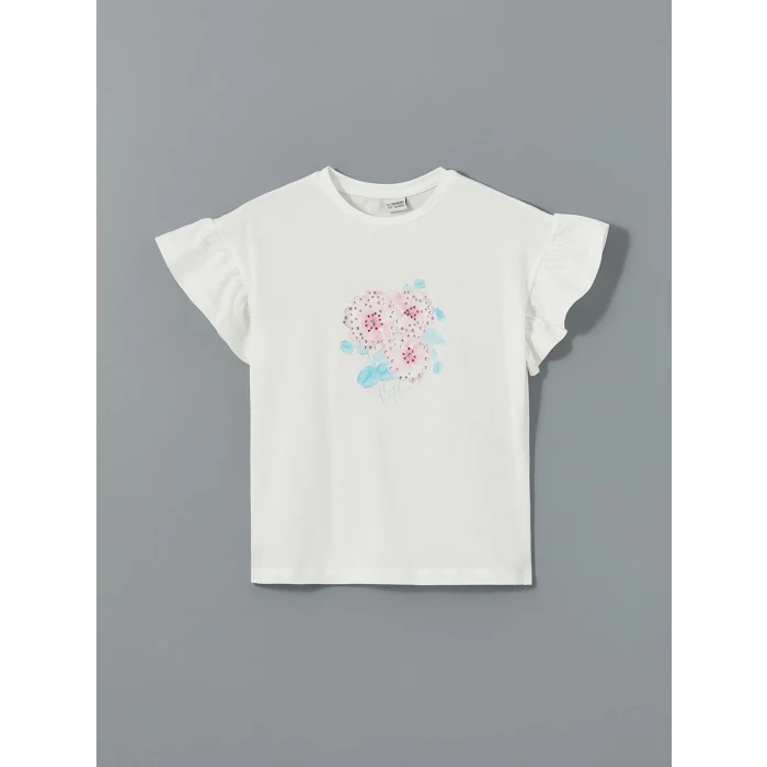 LCW Kids Ekru Bisiklet Yaka Taş Baskılı Kız Çocuk Tişört