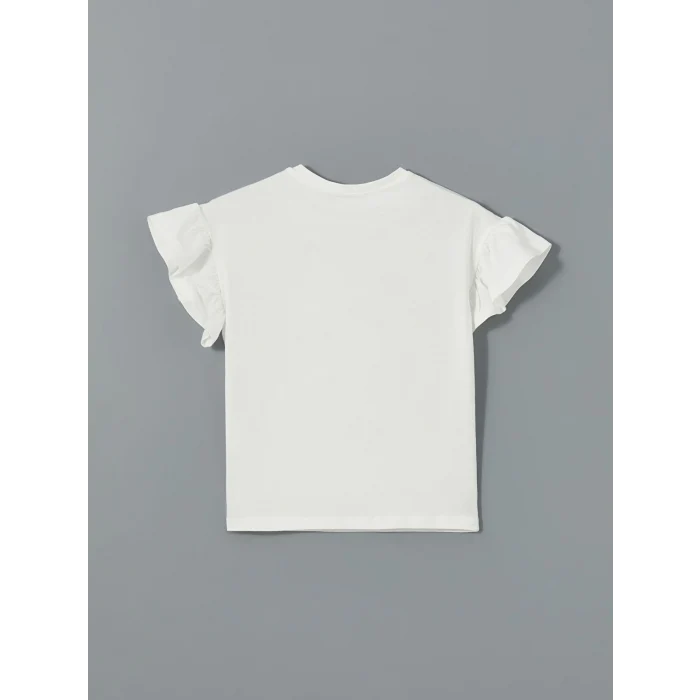 LCW Kids Ekru Bisiklet Yaka Taş Baskılı Kız Çocuk Tişört