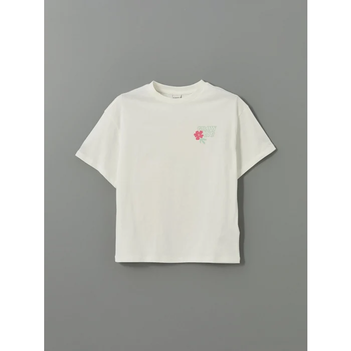 LCW Kids Ekru Bisiklet Yaka Çiçekli Kız Çocuk Tişört