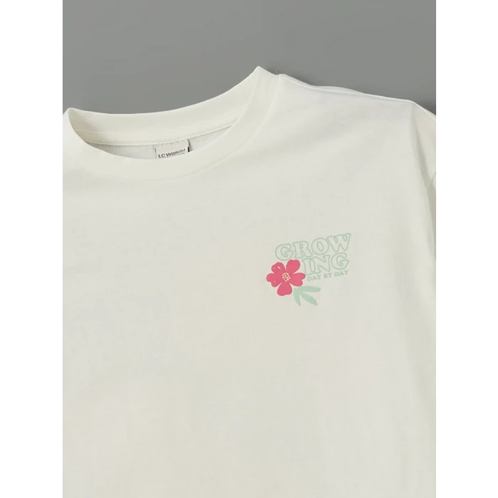 LCW Kids Ekru Bisiklet Yaka Çiçekli Kız Çocuk Tişört