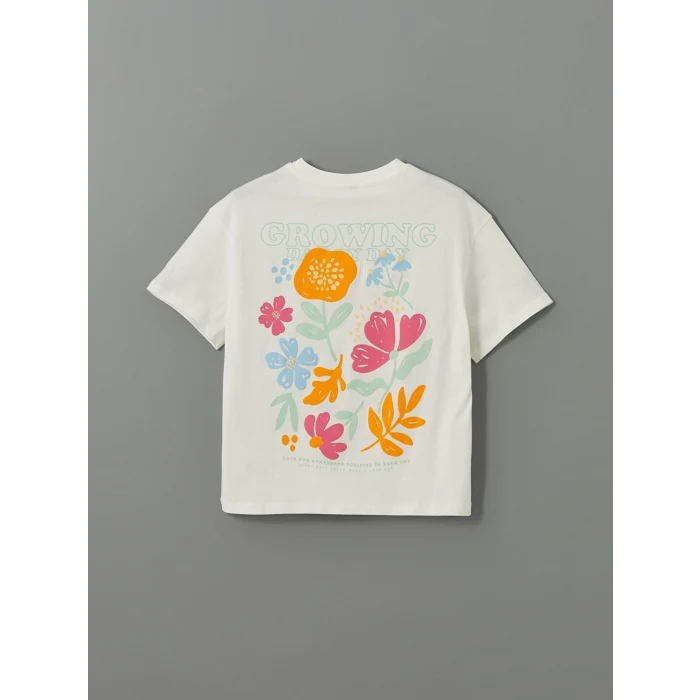 LCW Kids Ekru Bisiklet Yaka Çiçekli Kız Çocuk Tişört
