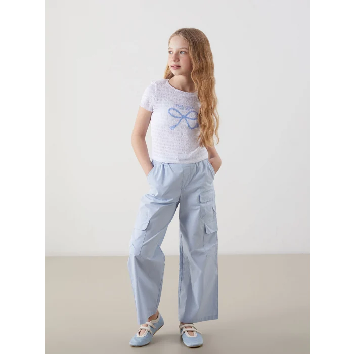 LCW Kids Beyaz Bisiklet Yaka Fiyonk Baskılı Kız Çocuk Tişört