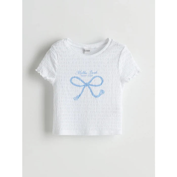 LCW Kids Beyaz Bisiklet Yaka Fiyonk Baskılı Kız Çocuk Tişört