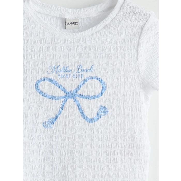 LCW Kids Beyaz Bisiklet Yaka Fiyonk Baskılı Kız Çocuk Tişört