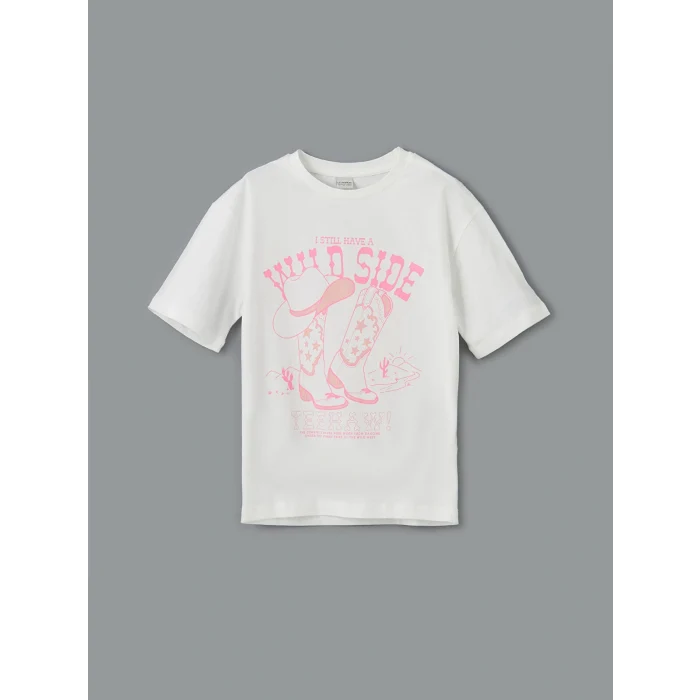 LCW Kids Beyaz Bisiklet Yaka Kız Çocuk Tişört