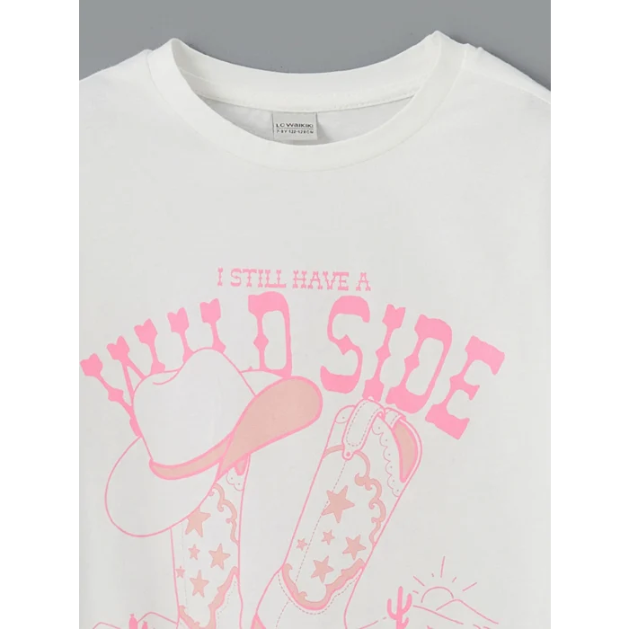 LCW Kids Beyaz Bisiklet Yaka Kız Çocuk Tişört