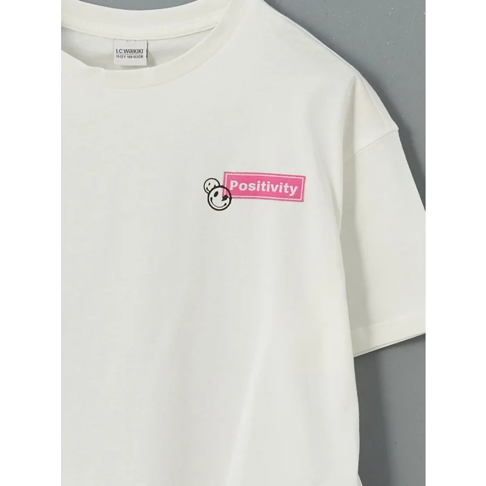 LCW Kids Ekru Bisiklet Yaka Kız Çocuk Tişört