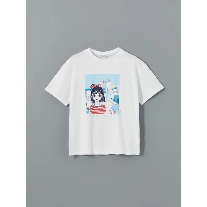 LCW Kids Beyaz Bisiklet Yaka Kız Çocuk Tişört