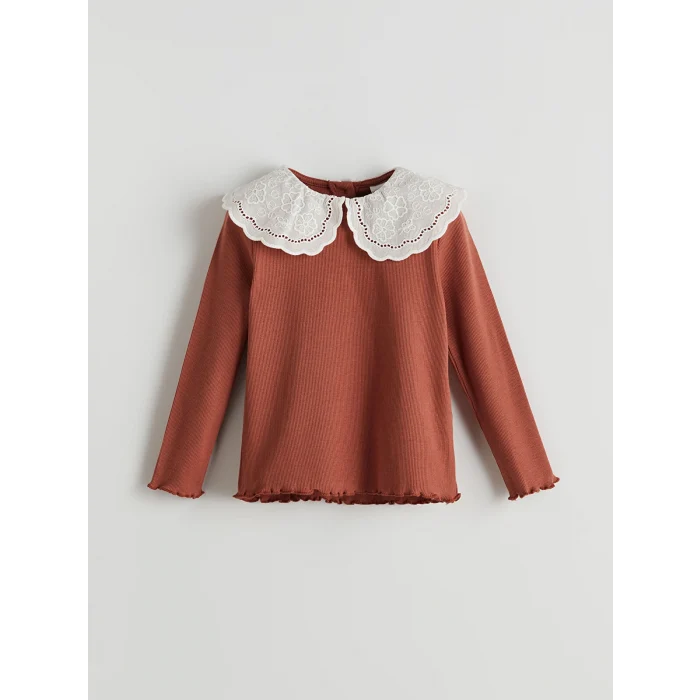 LCW Kids Kahverengi Bebe Yaka Nakışlı Kız Çocuk Tişört