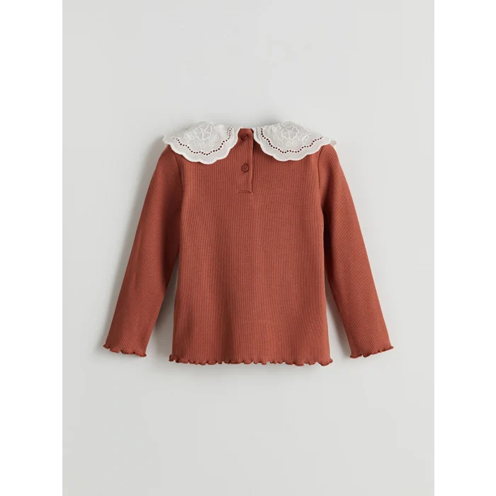 LCW Kids Kahverengi Bebe Yaka Nakışlı Kız Çocuk Tişört