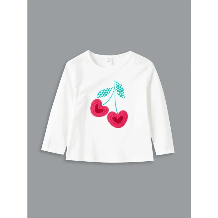 LCW Kids Ekru Bisiklet Yaka Baskılı Kız Çocuk Tişört