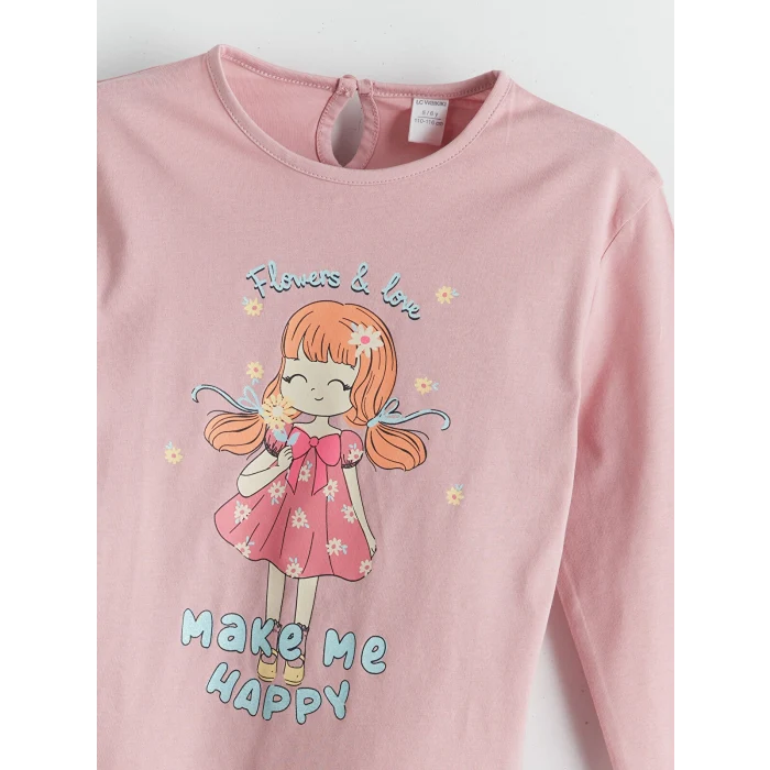 LCW Kids Pembe Bisiklet Yaka Baskılı Kız Çocuk Tişört