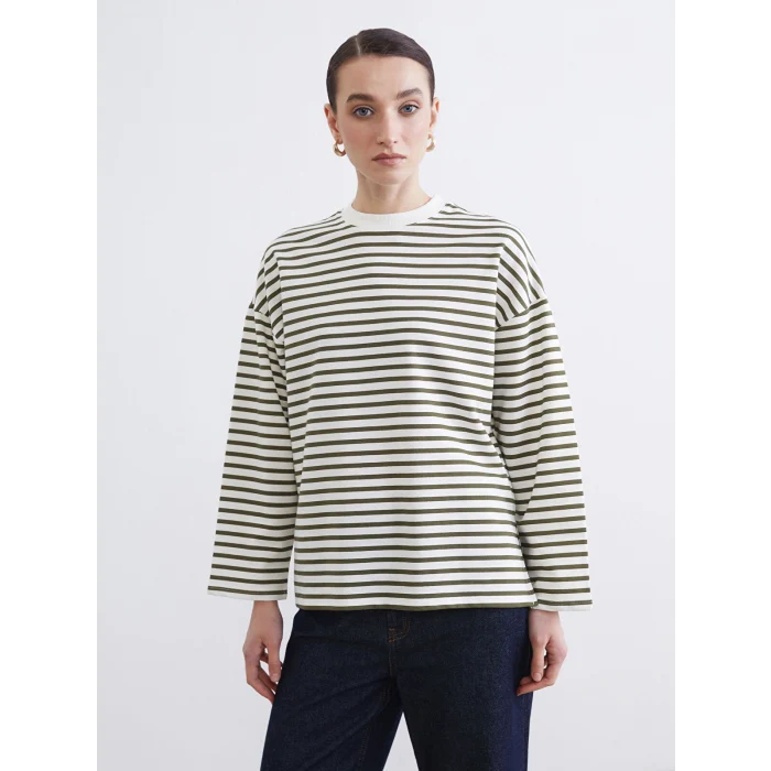 LCW Modest Haki Kadın Oversize Fit Çizgili Sweatshirt Tunik