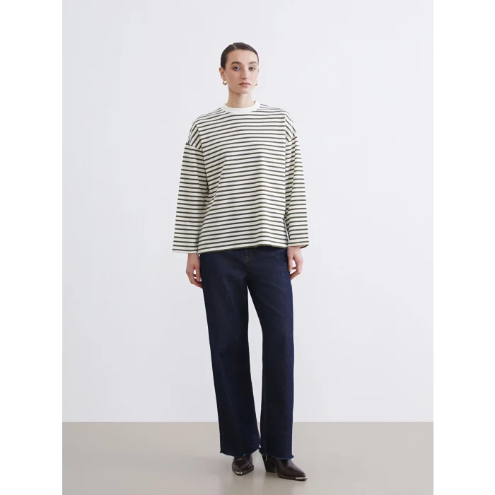 LCW Modest Haki Kadın Oversize Fit Çizgili Sweatshirt Tunik