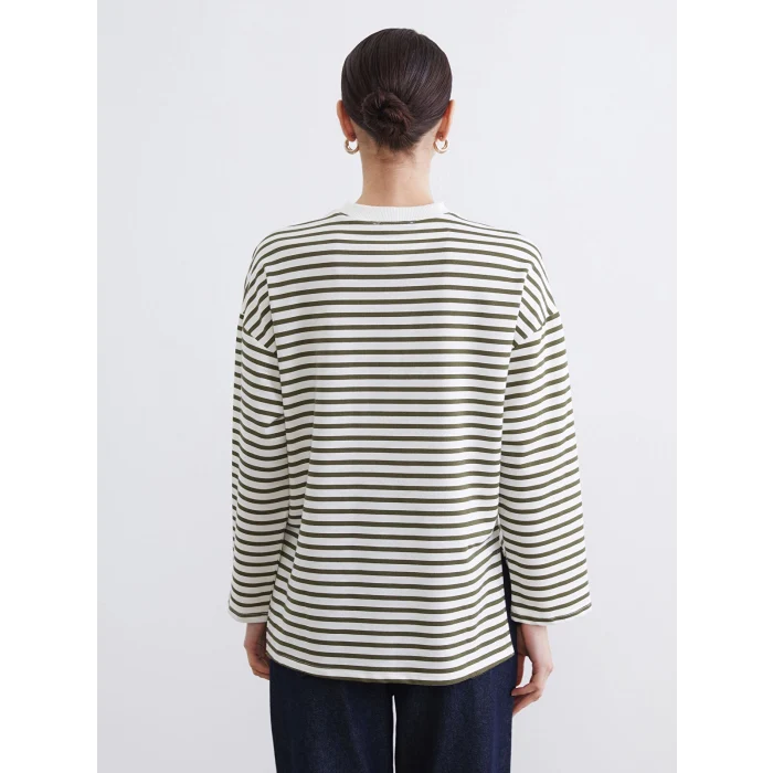 LCW Modest Haki Kadın Oversize Fit Çizgili Sweatshirt Tunik