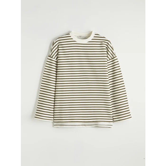 LCW Modest Haki Kadın Oversize Fit Çizgili Sweatshirt Tunik