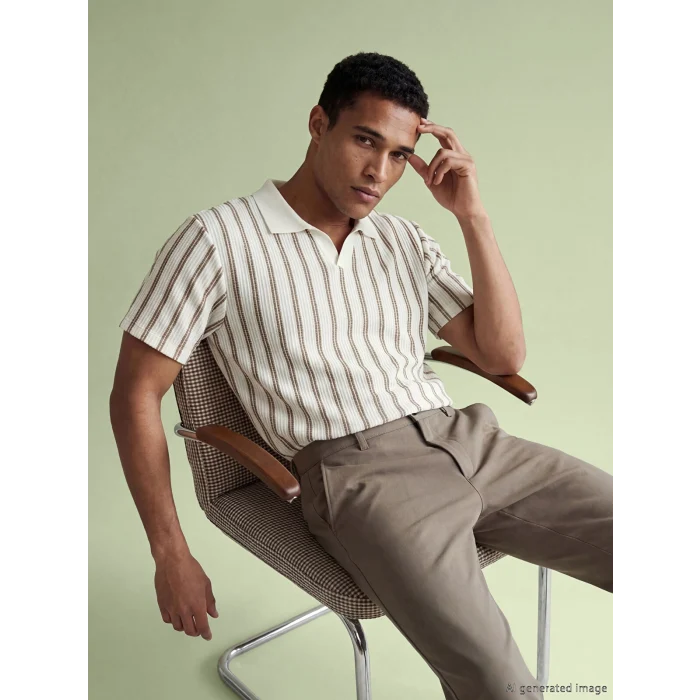 LCW Vision Bej Polo Yaka Çizgili Penye Erkek Tişört