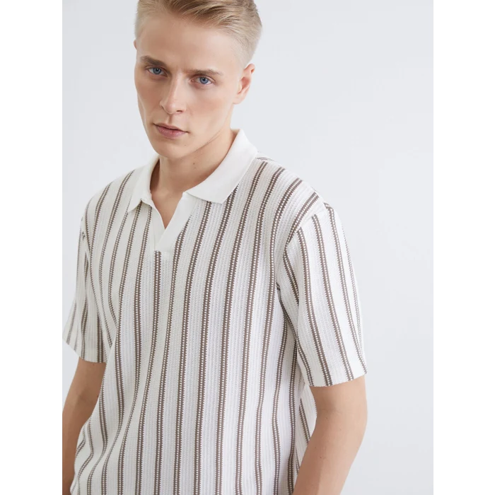 LCW Vision Bej Polo Yaka Çizgili Penye Erkek Tişört