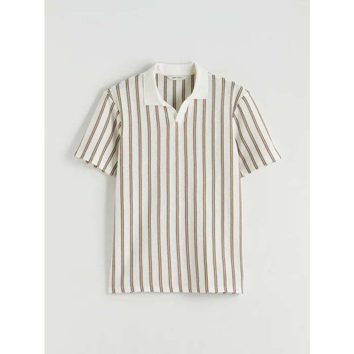 LCW Vision Bej Polo Yaka Çizgili Penye Erkek Tişört