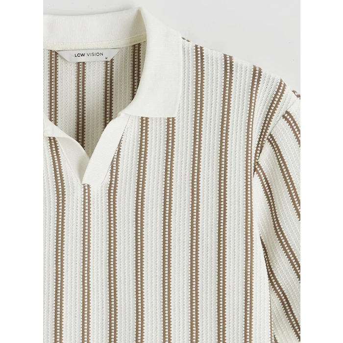 LCW Vision Bej Polo Yaka Çizgili Penye Erkek Tişört