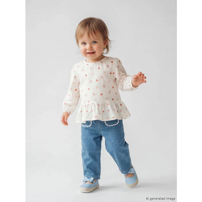 LCW baby Ekru Kız Bebek Desenli Bluz ve Jean Pantolon