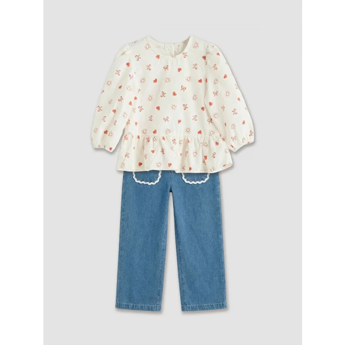LCW baby Ekru Kız Bebek Desenli Bluz ve Jean Pantolon