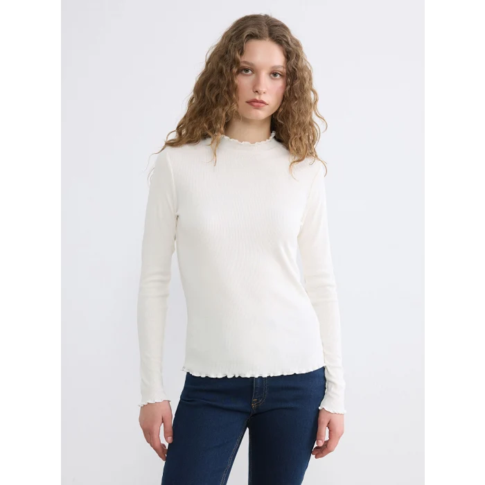 LCW Modest Ekru Fırfırlı Dik Yaka Kadın Body