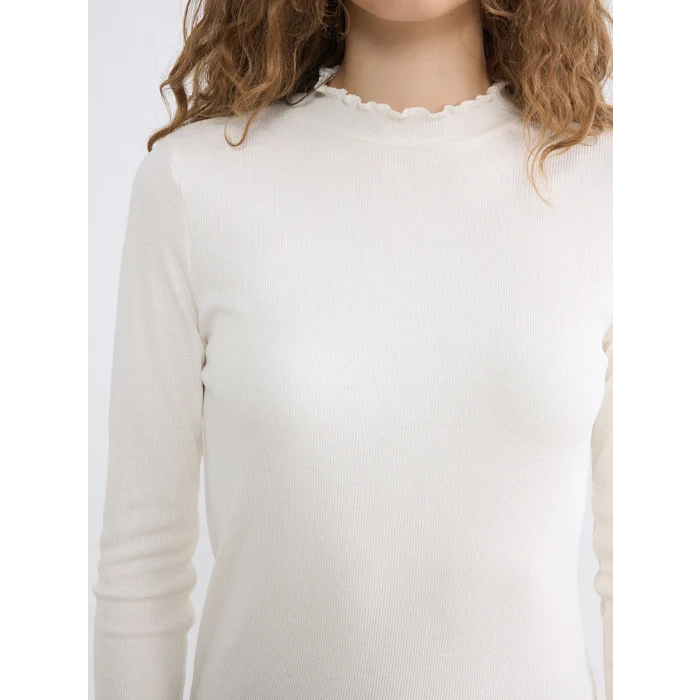 LCW Modest Ekru Fırfırlı Dik Yaka Kadın Body