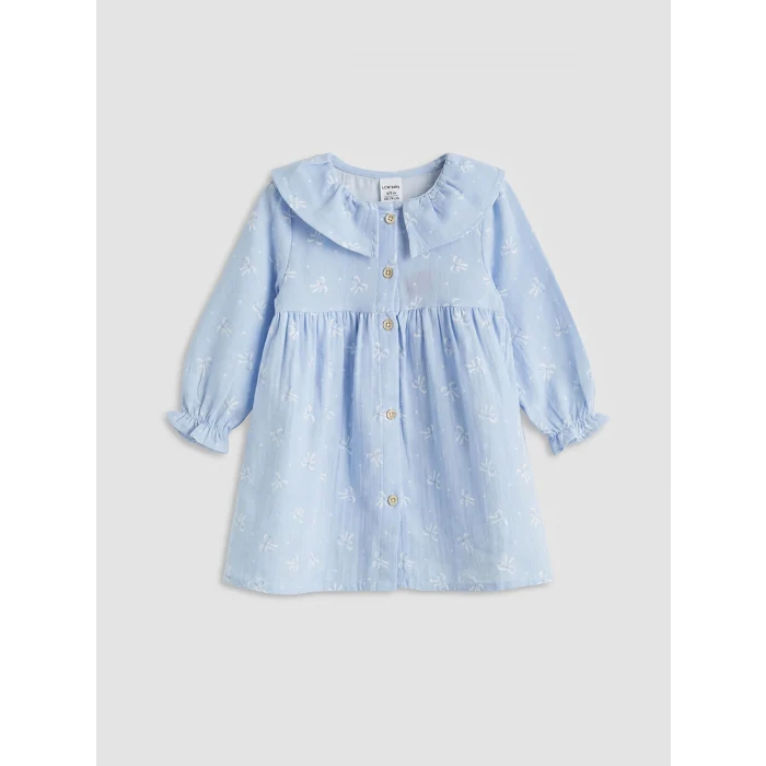 LCW baby Mavi Fırfırlı Bebe Yaka Desenli Kız Bebek Elbise