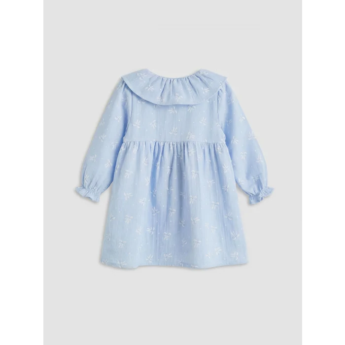 LCW baby Mavi Fırfırlı Bebe Yaka Desenli Kız Bebek Elbise