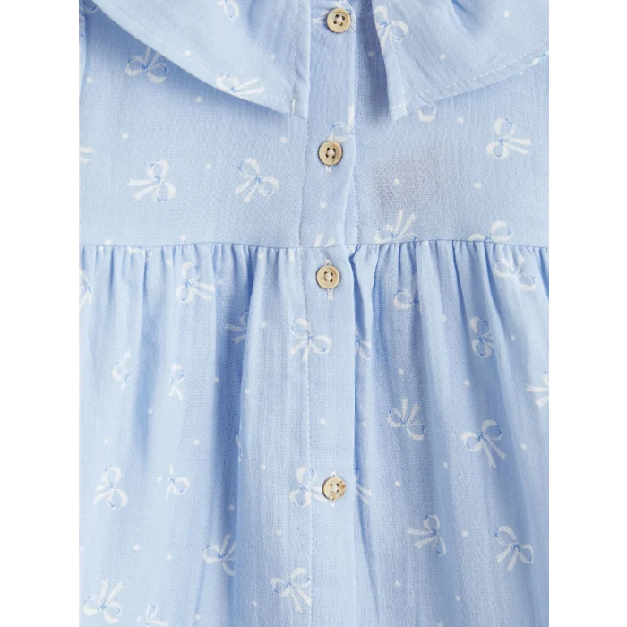 LCW baby Mavi Fırfırlı Bebe Yaka Desenli Kız Bebek Elbise