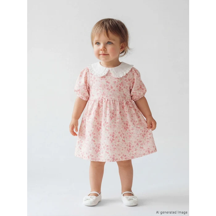 LCW baby Ekru Kız Bebek Bebe Yaka Çiçekli Poplin Elbise