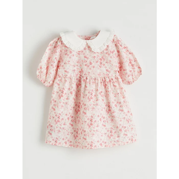 LCW baby Ekru Kız Bebek Bebe Yaka Çiçekli Poplin Elbise