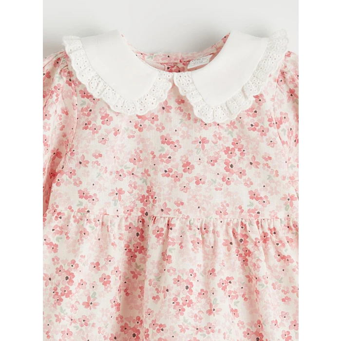 LCW baby Ekru Kız Bebek Bebe Yaka Çiçekli Poplin Elbise