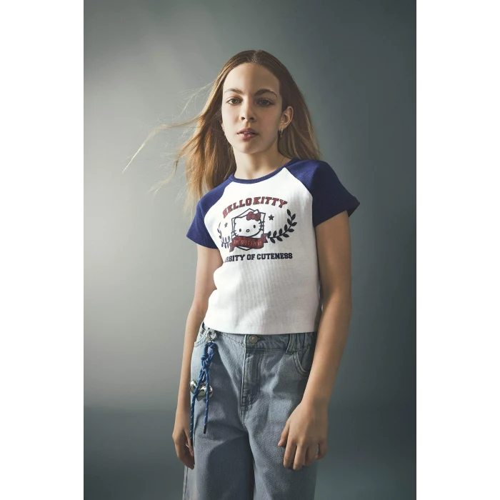 Defacto G8186A8WT34 Beyaz Hello Kıtty Fıtted Ribana Tişört Kız Çocuk