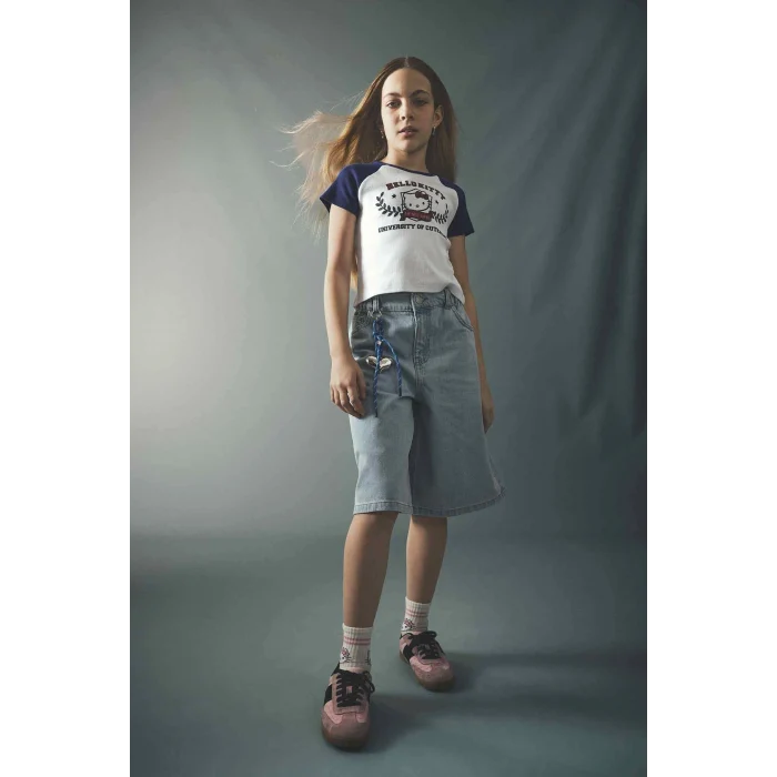 Defacto G8186A8WT34 Beyaz Hello Kıtty Fıtted Ribana Tişört Kız Çocuk