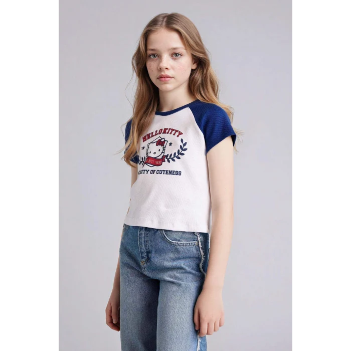 Defacto G8186A8WT34 Beyaz Hello Kıtty Fıtted Ribana Tişört Kız Çocuk