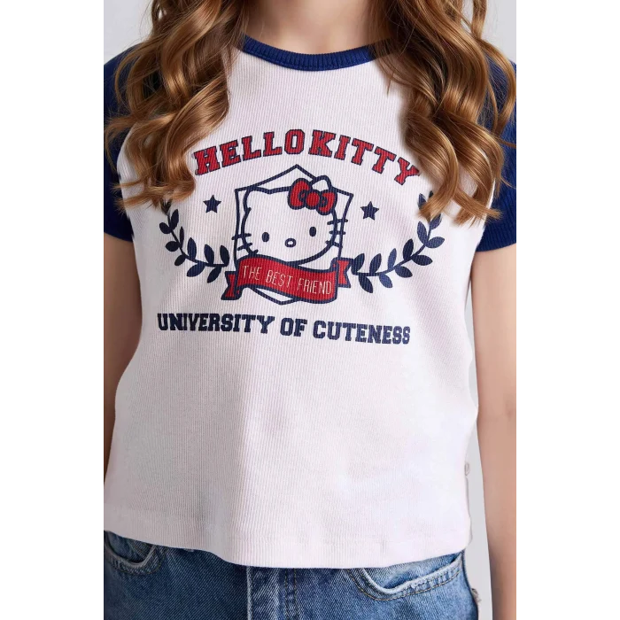 Defacto G8186A8WT34 Beyaz Hello Kıtty Fıtted Ribana Tişört Kız Çocuk