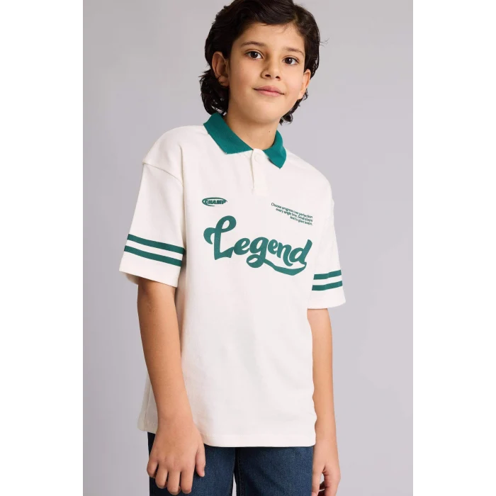 Defacto G7474A8ER105 Ekru Oversıze Polo Yaka Slogan Baskılı Kısa Kollu Polo Tişört Erkek Çocuk