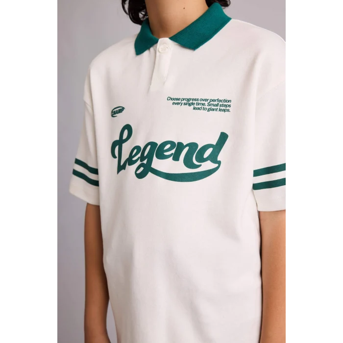 Defacto G7474A8ER105 Ekru Oversıze Polo Yaka Slogan Baskılı Kısa Kollu Polo Tişört Erkek Çocuk