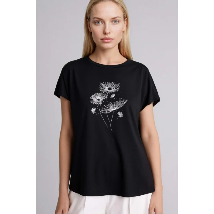 Defacto H1453AXBK81 Siyah Bisiklet Yaka Taş Baskılı Tişört