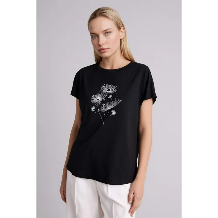 Defacto H1453AXBK81 Siyah Bisiklet Yaka Taş Baskılı Tişört