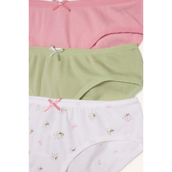 Defacto H0180A8WT34 Beyaz Çiçekli Penye 3lü Slip Külot Kız Çocuk