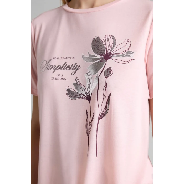 Defacto H1461AXPN127 Pembe Relax Fıt Bisiklet Yaka Çiçekli Kısa Kollu Tişört
