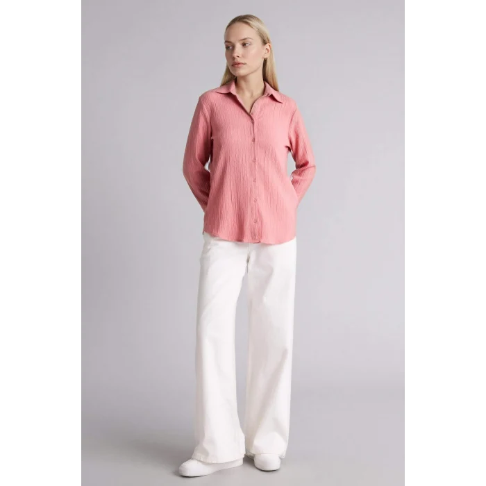 Defacto H0467AXBR489 Bordo Regular Fıt Gömlek Yaka Gofre Dokulu Uzun Kollu Gömlek