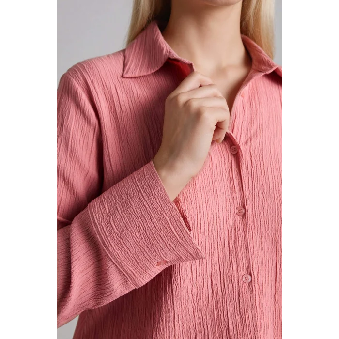 Defacto H0467AXBR489 Bordo Regular Fıt Gömlek Yaka Gofre Dokulu Uzun Kollu Gömlek