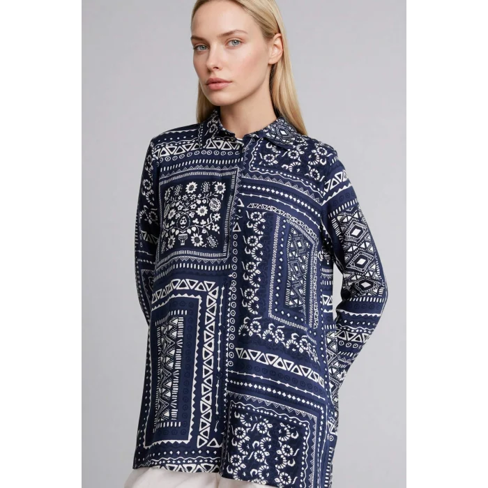 Defacto T0609AZNV253 Lacivert Loose Fıt Desenli Gömlek Tunik