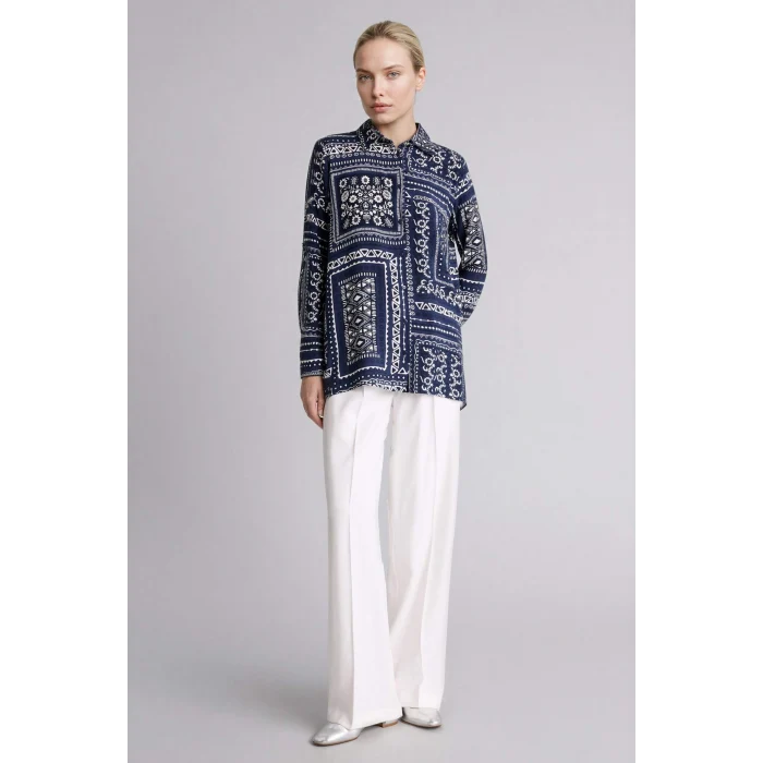 Defacto T0609AZNV253 Lacivert Loose Fıt Desenli Gömlek Tunik