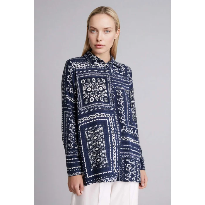 Defacto T0609AZNV253 Lacivert Loose Fıt Desenli Gömlek Tunik